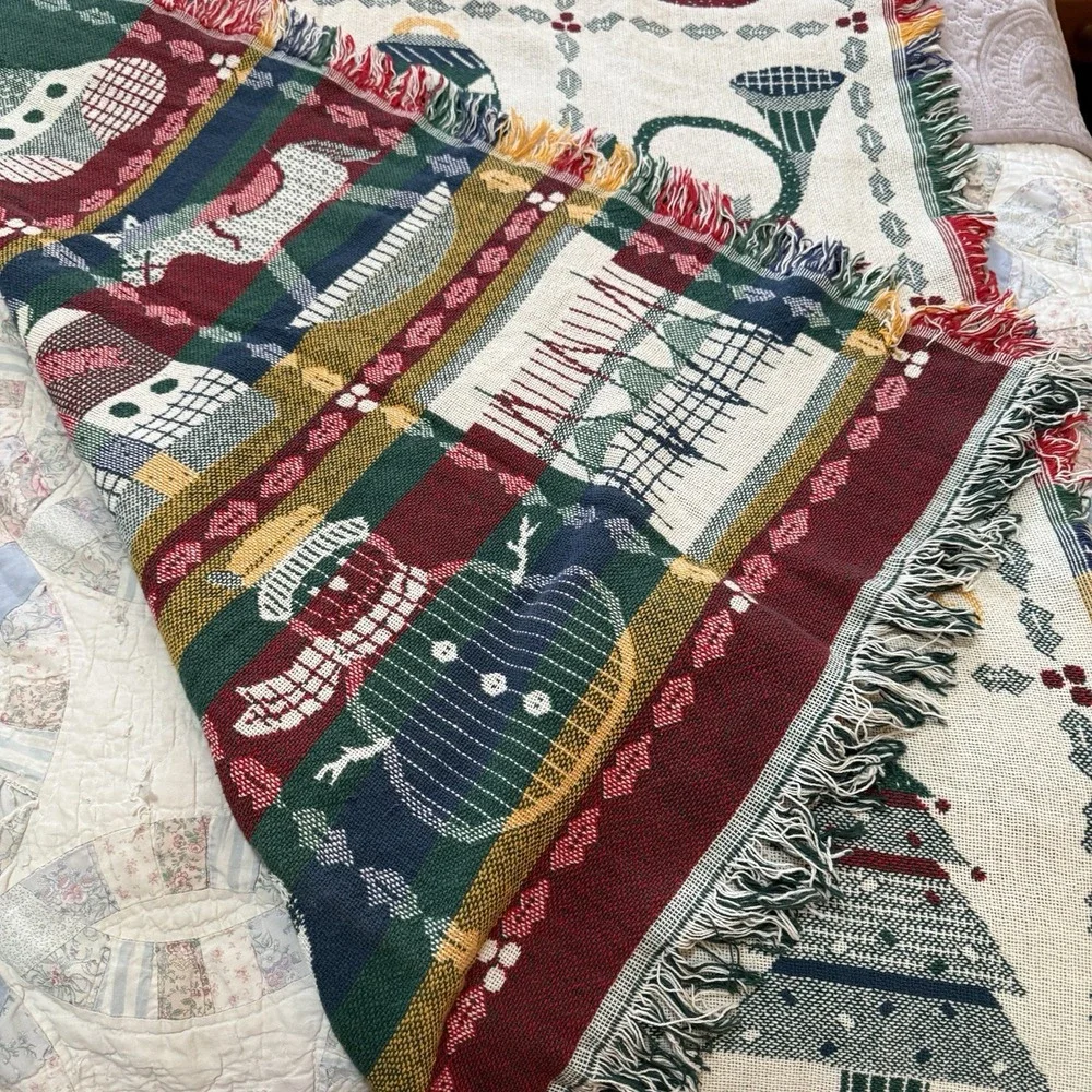 Vintage Tapestry Woven Throw Holly Stockings Snowman Blanket Holiday‎ Christmas